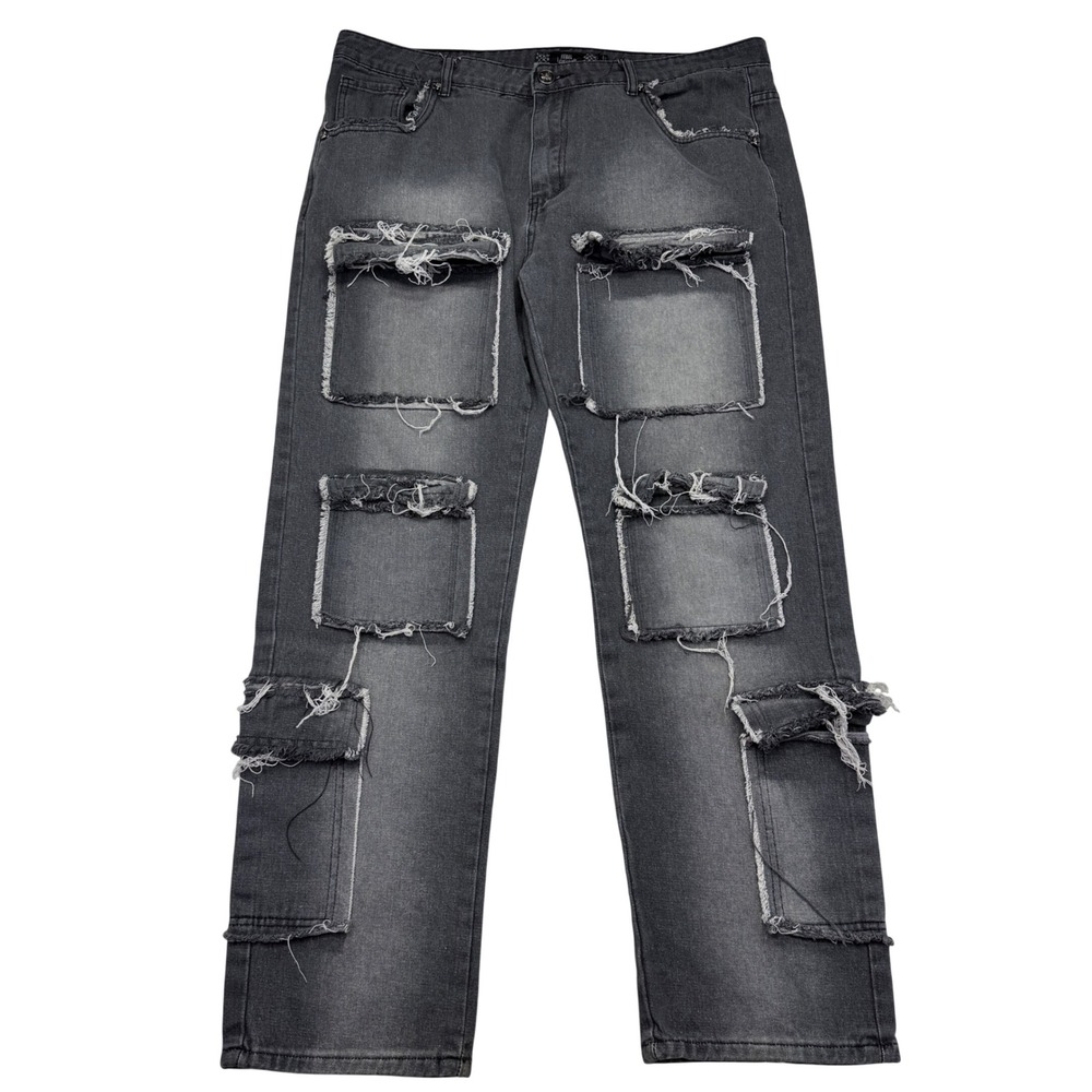 Rebel Vengeance Cargo Jeans 38 Black Frayed Multi Pocket Skull Punk Streetwear